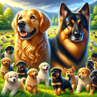 Mama Dog and Daddy Dog with 100 Playful Puppies in the Meadow
